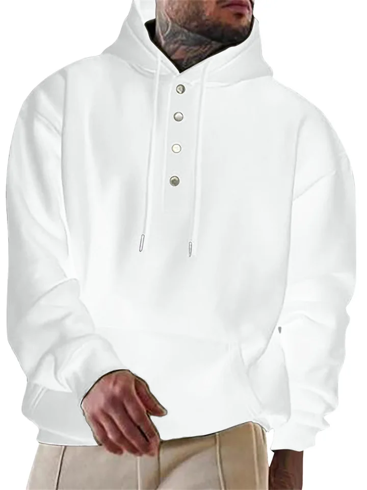 Men's Solid Color Hoodie Loose Casual Fleece Pocket Men's Pullover Hooded Snap Button Drawstring Insert Pocket Sweatshirt-Cosfine