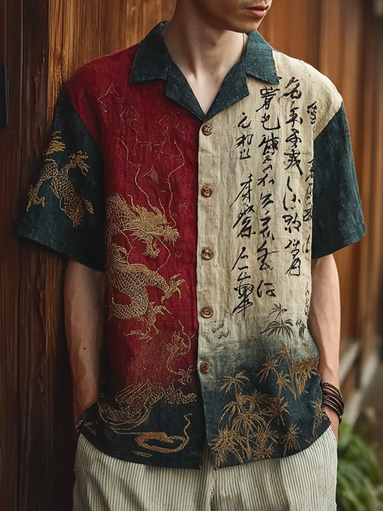 Japanese Art Retro Pattern Clash Color Design Men's Casual Linen Shirt elevenforest