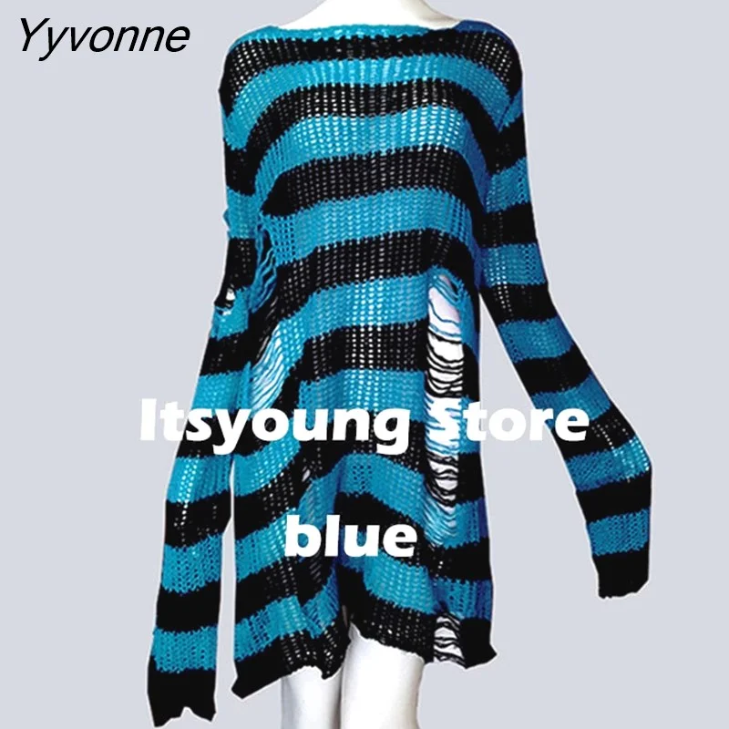 Yyvonne Size Punk Gothic Long Unisex Sweater Dress Cool Hollow Out Hole Broken Jumper Loose Rock Thin Sweter 2023 Women Man Striped 305-0