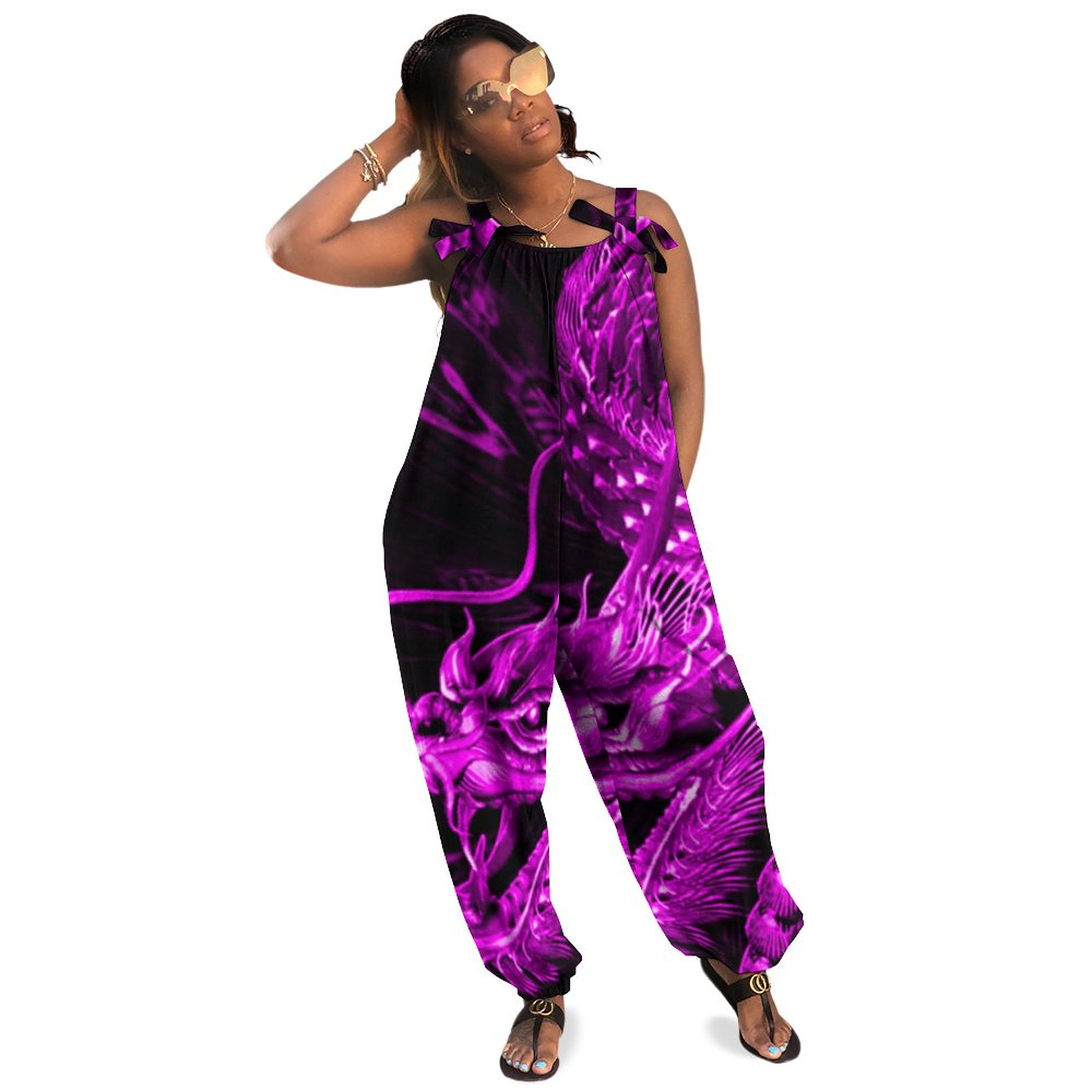 Purple Chinese Dragon Art Plus Size Jumpsuit Women Summer Loose Casual Style Wide Leg Romper Harem Pants