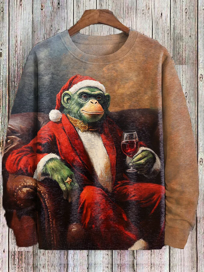 Men's Green Monkey Christmas Red Wine Oil Painting Casual Sweatshirt