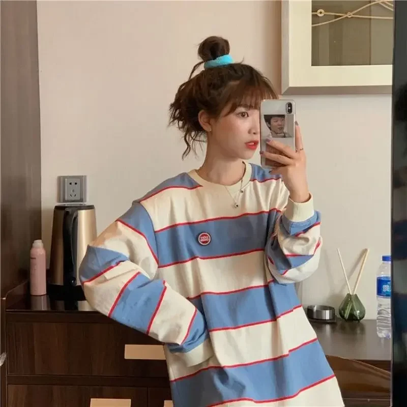 Korean trend shirt for men women O-neck striped short-sleeved T-shirt female Harajuku half sleeve student couple hip hop tees