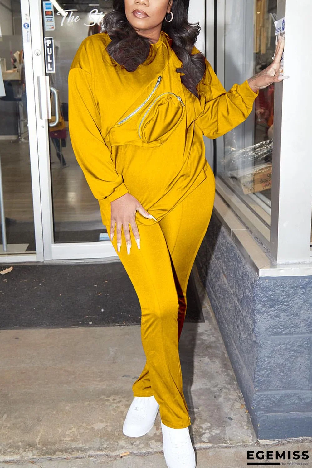 Yellow Casual Solid O Neck Long Sleeve Two Pieces | EGEMISS