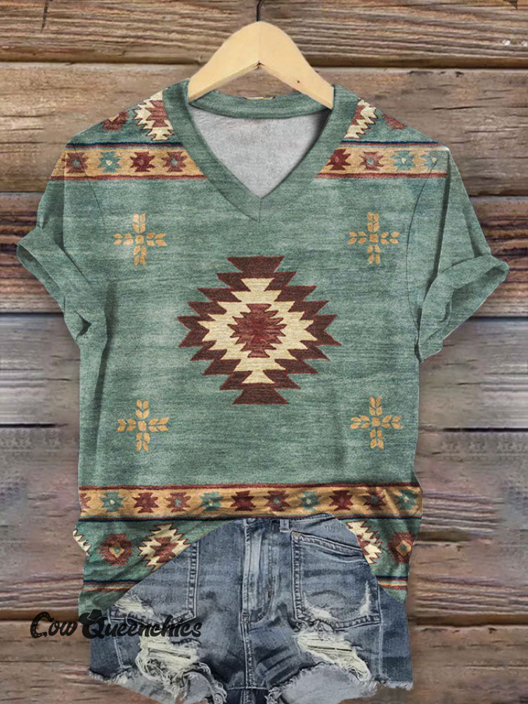 Women’s Vintage Art Print V-neck Casual T-Shirt Multicolor / S