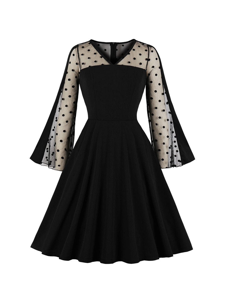 1950s Vintage Black Dress Mesh Long-sleeved Large Swing Graceful Dress