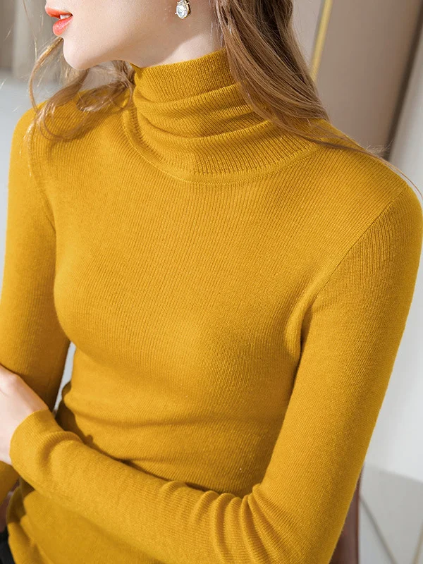 Casual Long Sleeves Skinny Keep Warm Pure Color High-Neck Sweater Tops