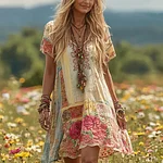 Women's Vintage Roses Embroidered Patch Art Linen Short Dress - Image 2