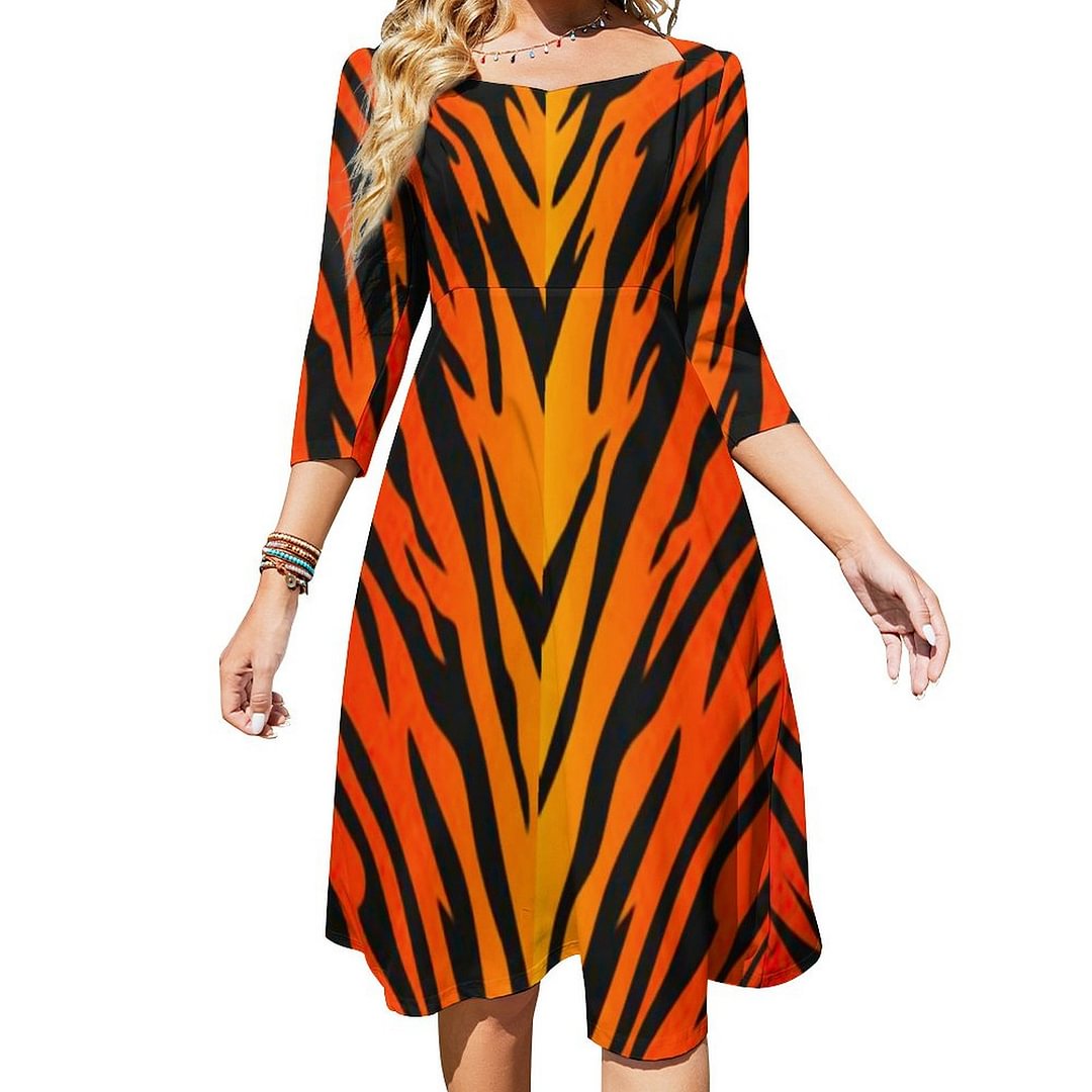 Fire Tiger Stripes Animal Print Dress Sweetheart Tie Back Flared 3/4 Sleeve Midi Dresses