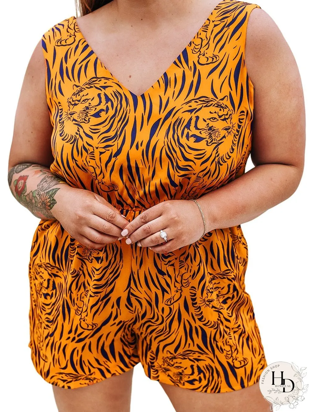 Sunny Plus Size Tiger Stripe V Neck Sleeveless Romper