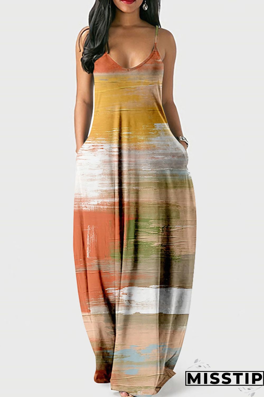 Dark Blue Casual Print Patchwork Spaghetti Strap Sling Dress Dresses