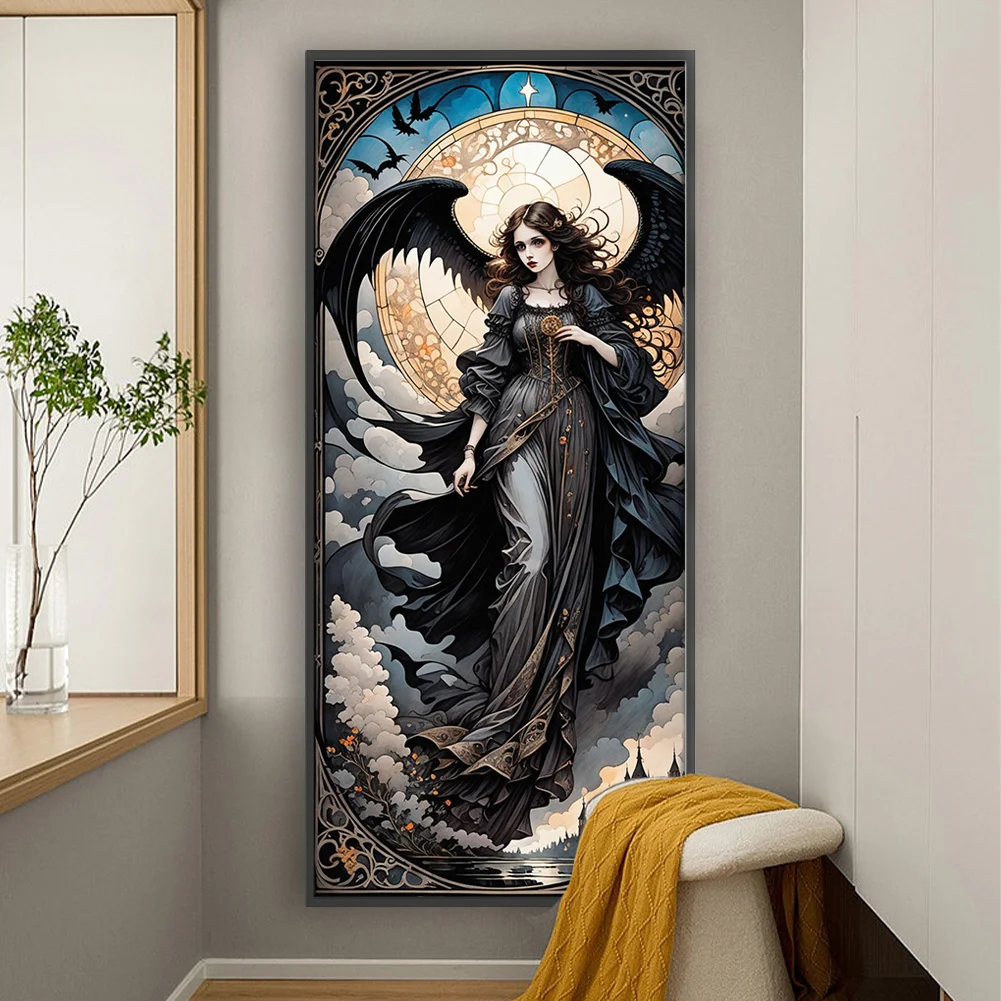 11CT Full Stamped Cross Stitch - Black Dress Girl Wing(Canvas|40*90CM)