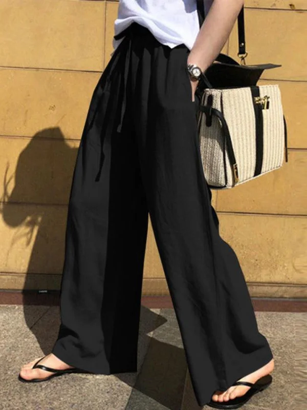 High Waisted Loose Drawstring Pockets Solid Color Pants Trousers