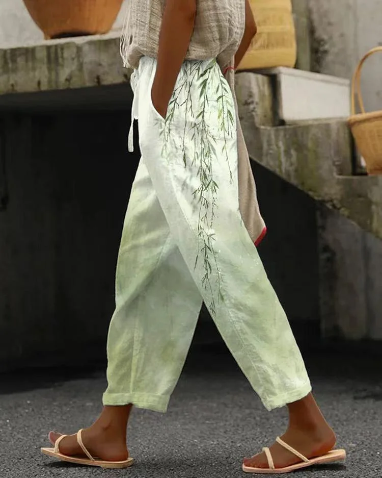Green Gradient Willow Leaves Elastic Waist Casual Pants