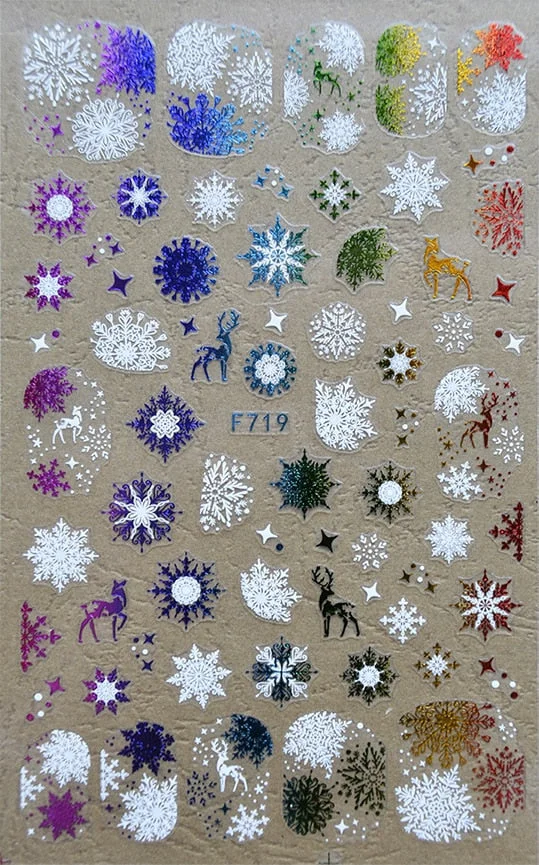 Christmas SnowflakeGold 3D Nail Stickers Sparkly iridescent Silver Xmas Tree Elk Deer Transfer Sliders Winter Nails Accessories-Nail Inspo