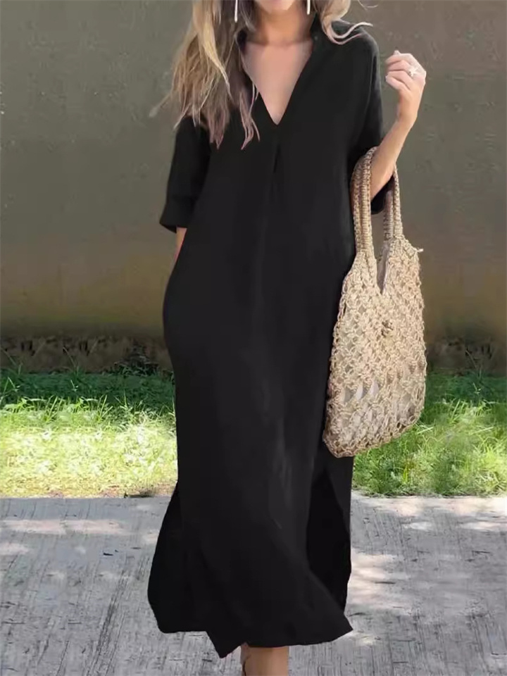 Women's Summer Explosion Both Sides Slit V-neck Solid Color Dress Seven-quarter Sleeve Pressed Pleated Cotton Linen Dresses