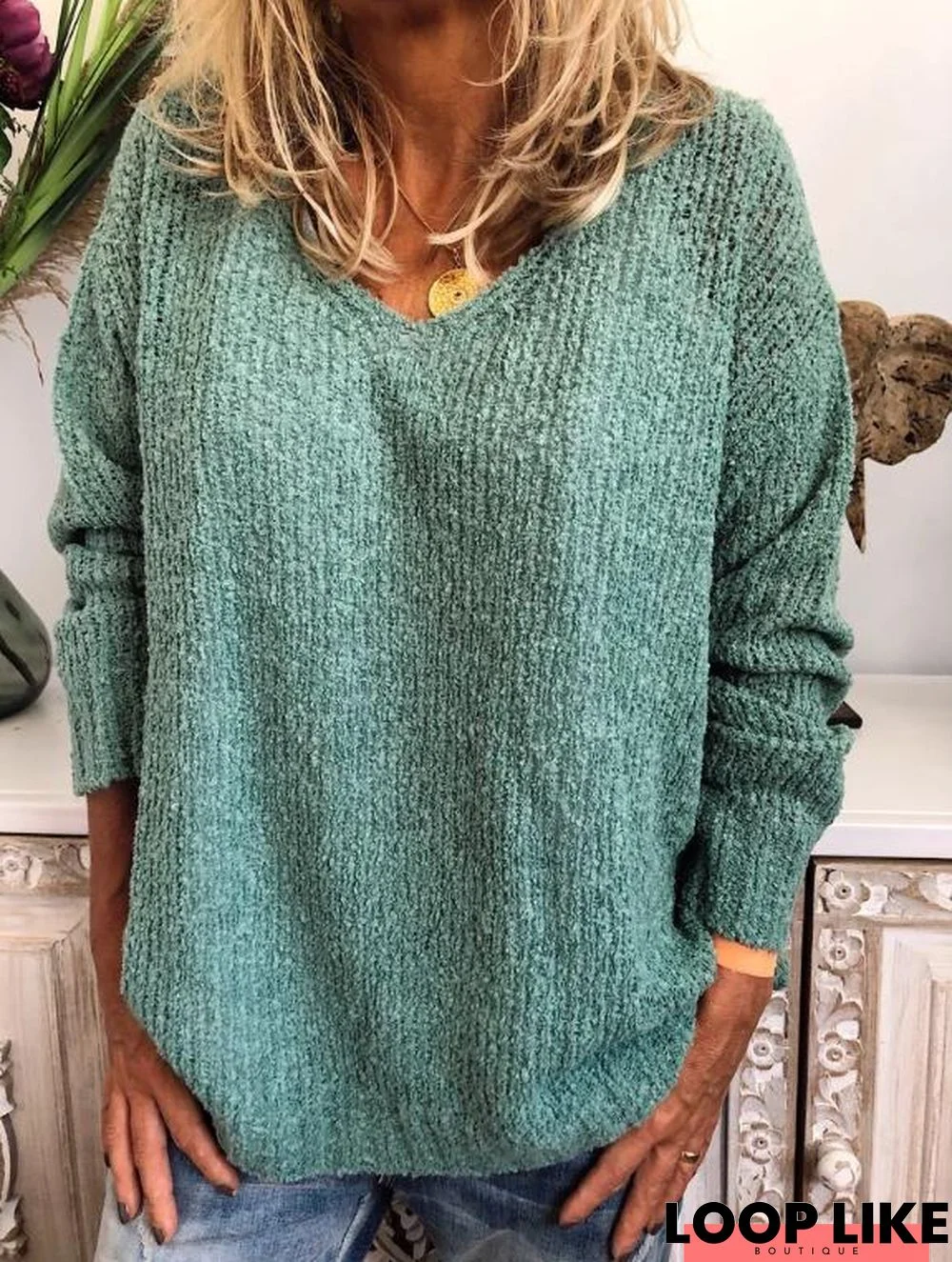 Plus Size Casual Neck Long Sleeve Knitted Sweater