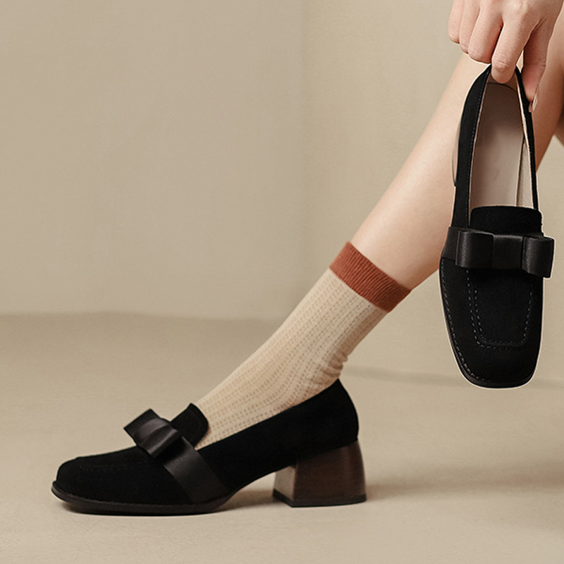 Black Faux Suede Square Toe Chunky Heel Loafers with Bow Nicepairs