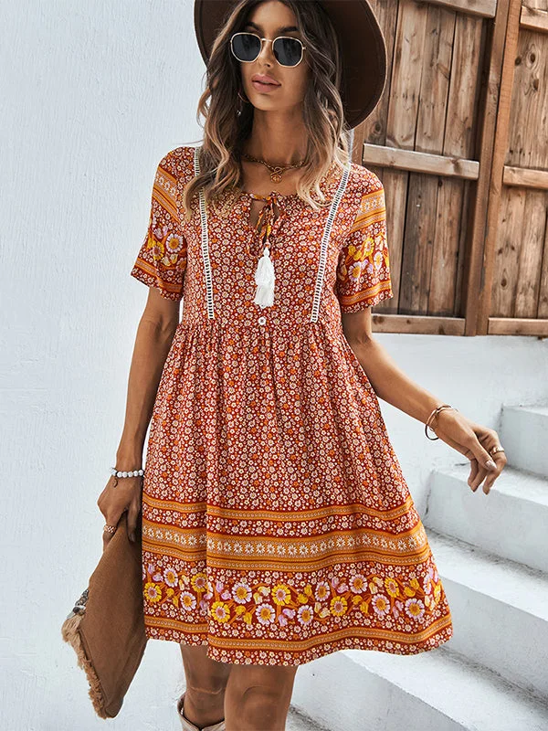 Casual A-Line Floral Printed Round-Neck Dress