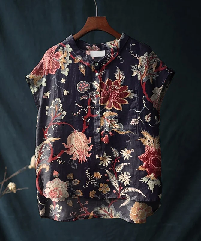 Vintage Floral Print Short-sleeved Cotton and Linen Shirt