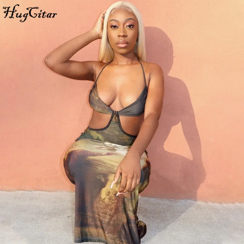 Hugcitar 2020 Sleeveless Vintage Backless Sexy Maxi Dress Autumn Winter Women Fashion Party Outfits Club Wear