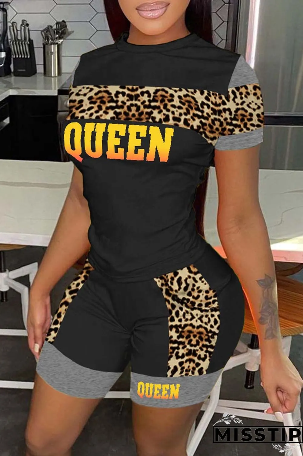 Pink Casual Letter Print Patchwork O Neck Short Sleeve Two Pieces