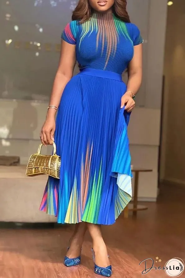 Pleated Print Short Sleeve Midi Dresses