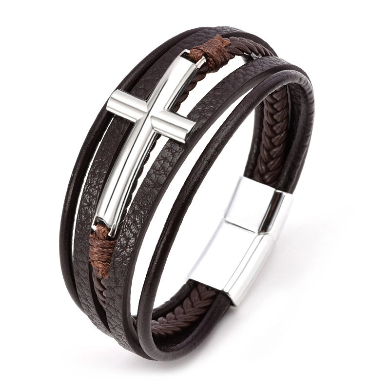 Cross Leather Bracelet Men's Multi-Layer Leather Rope Woven Bracelet Stainless Steel Alloy Bracelet For Men