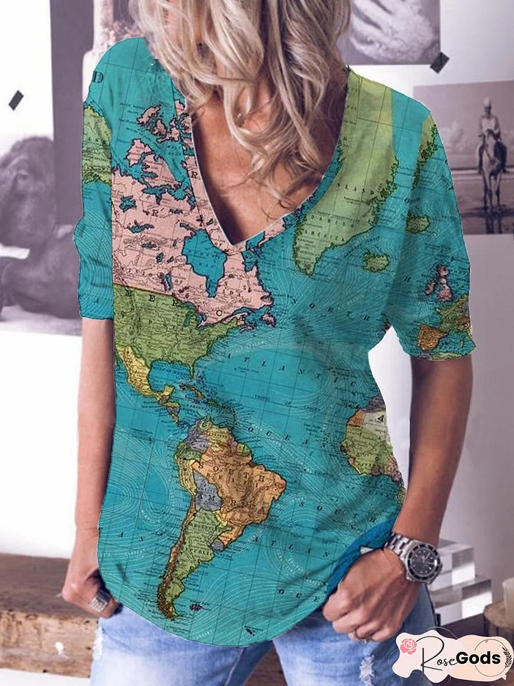 Casual Long Sleeve Map Floral-Print Shirts & Tops