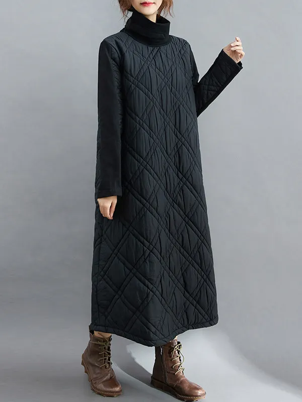 Simple Split-Joint High-Neck H-Line Quilted Midi Dress