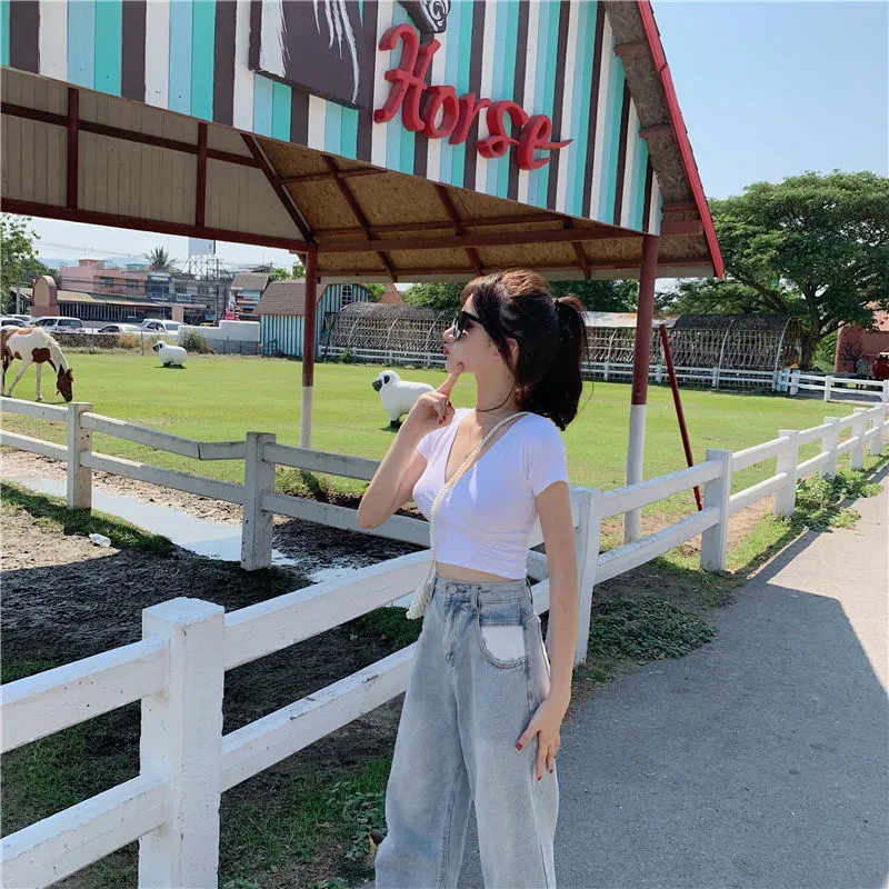 Brownm Brownm T-Shirt Female 2024 Summer New Deep V Collar Outside Wear Low Chest Korean Version Slim Crop Short Style Student Top Tide