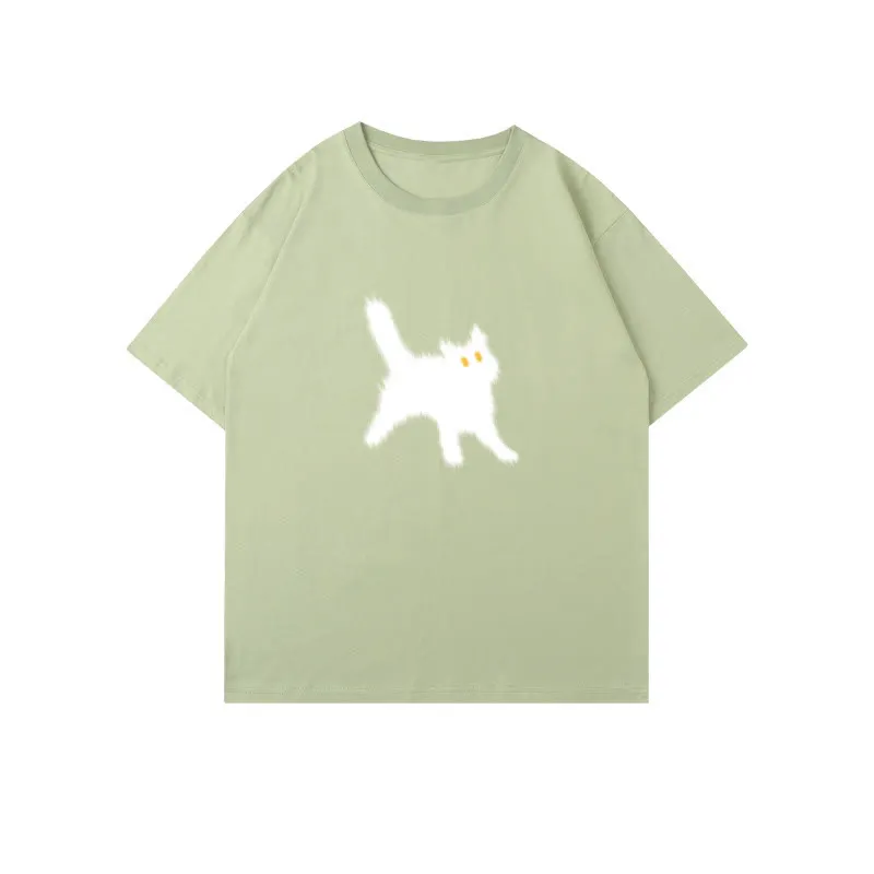 Cartoon Cat Print Round Collar Oversized T-Shirt