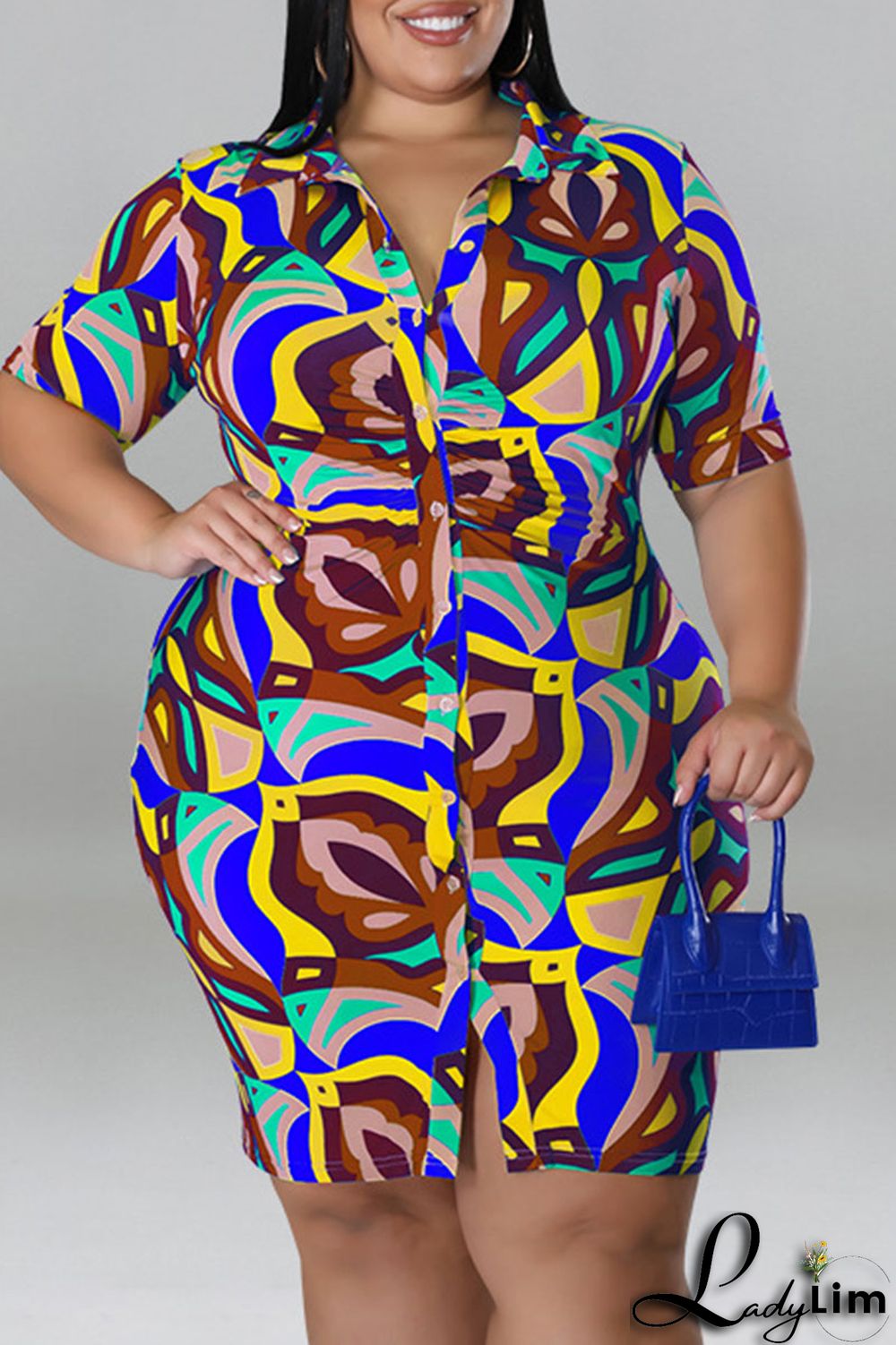 Coffee Casual Print Patchwork Buckle Turndown Collar Shirt Dress Plus Size Dresses