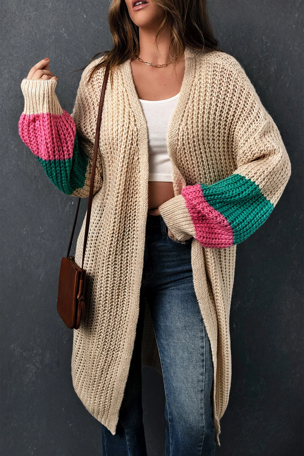 Green Color Block Drop Shoulder Knitted Long Cardigan | IFYHOME