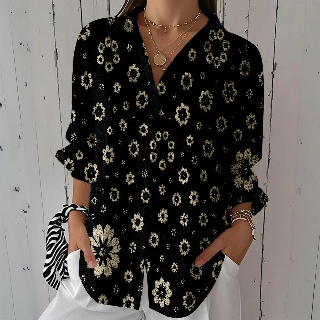 Style & Comfort for Mature Women Women Floral, Black DZCL0131 3/4 Sleeve Shirt Collar Printed Button Tops