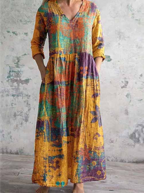 Women's 3/4 Sleeve V-neck Floral Printed Midi Dress