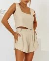 Two Piece Sets Lounge Matching Linen Sleeveless Crop Tops and Pocketed Shorts Sets