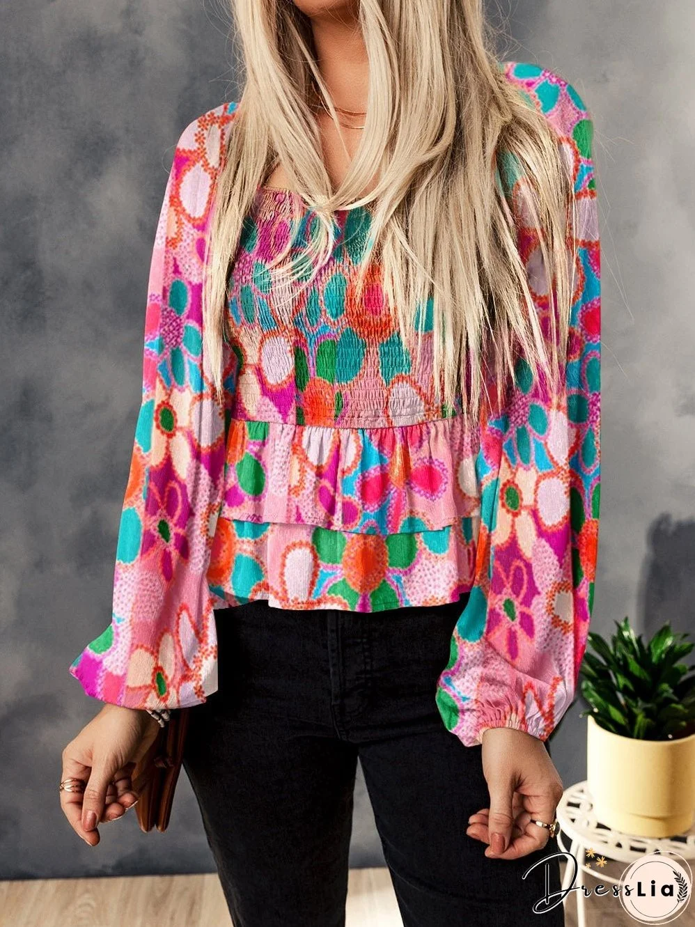 Floral Fantasy Smocked Square Neck Ruffle Blouse