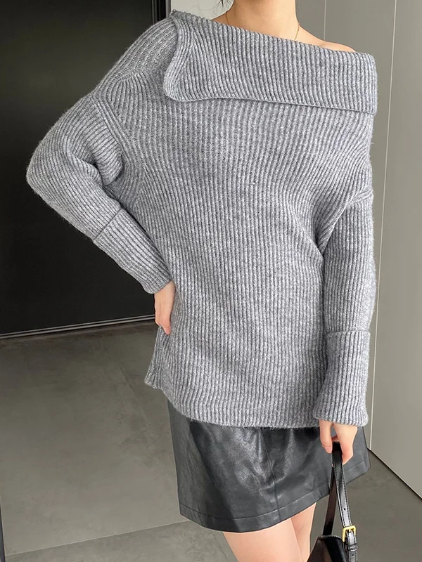 Long Sleeves Loose Solid Color Off-The-Shoulder Knitwear Pullovers Sweater