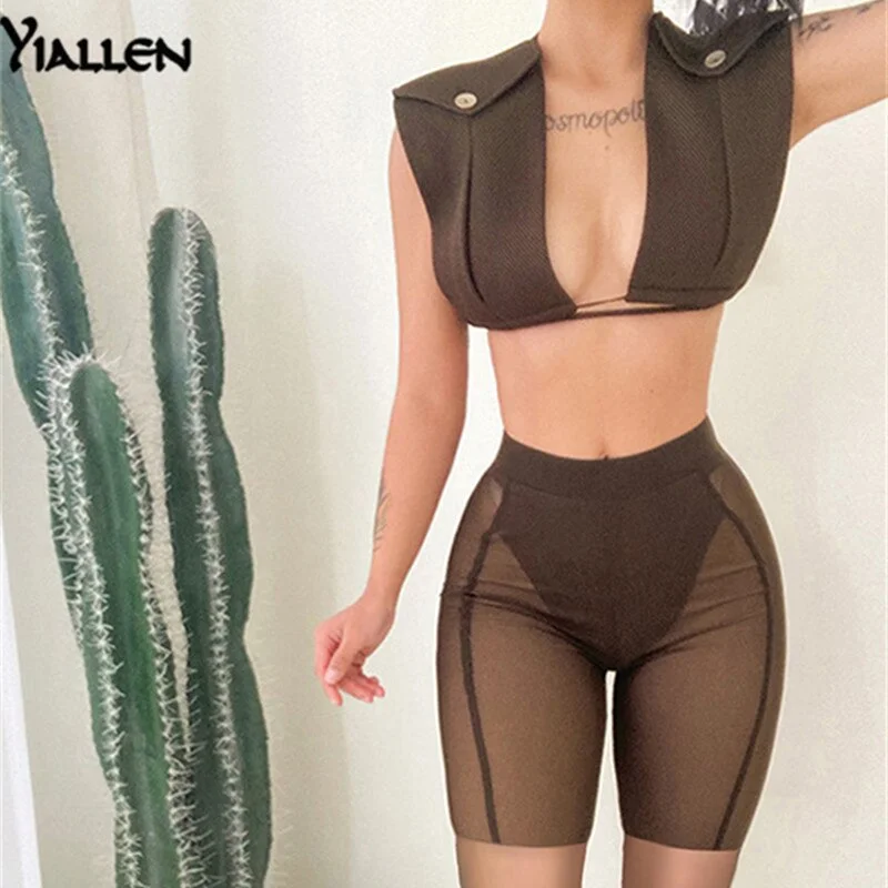 Yiallen High Street Solid Two Piece Set Women Sexy Deep V Sheath Cleavage Sleeveless Top+Mesh SeeThrough Stretchy Female Pants