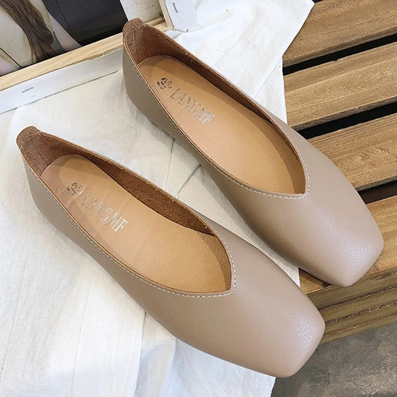 Fashion Women Flat Shoe  Elegant Shallow Low-heeled Sandals 2022 Beige Korean Slippers Square Toe Slip-on Simple Woman Shoes
