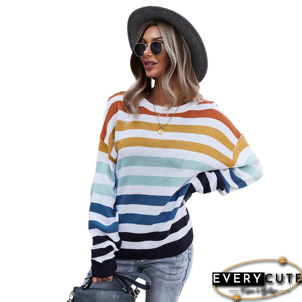 Orange Multicolor Stripes Loose Style Sweater