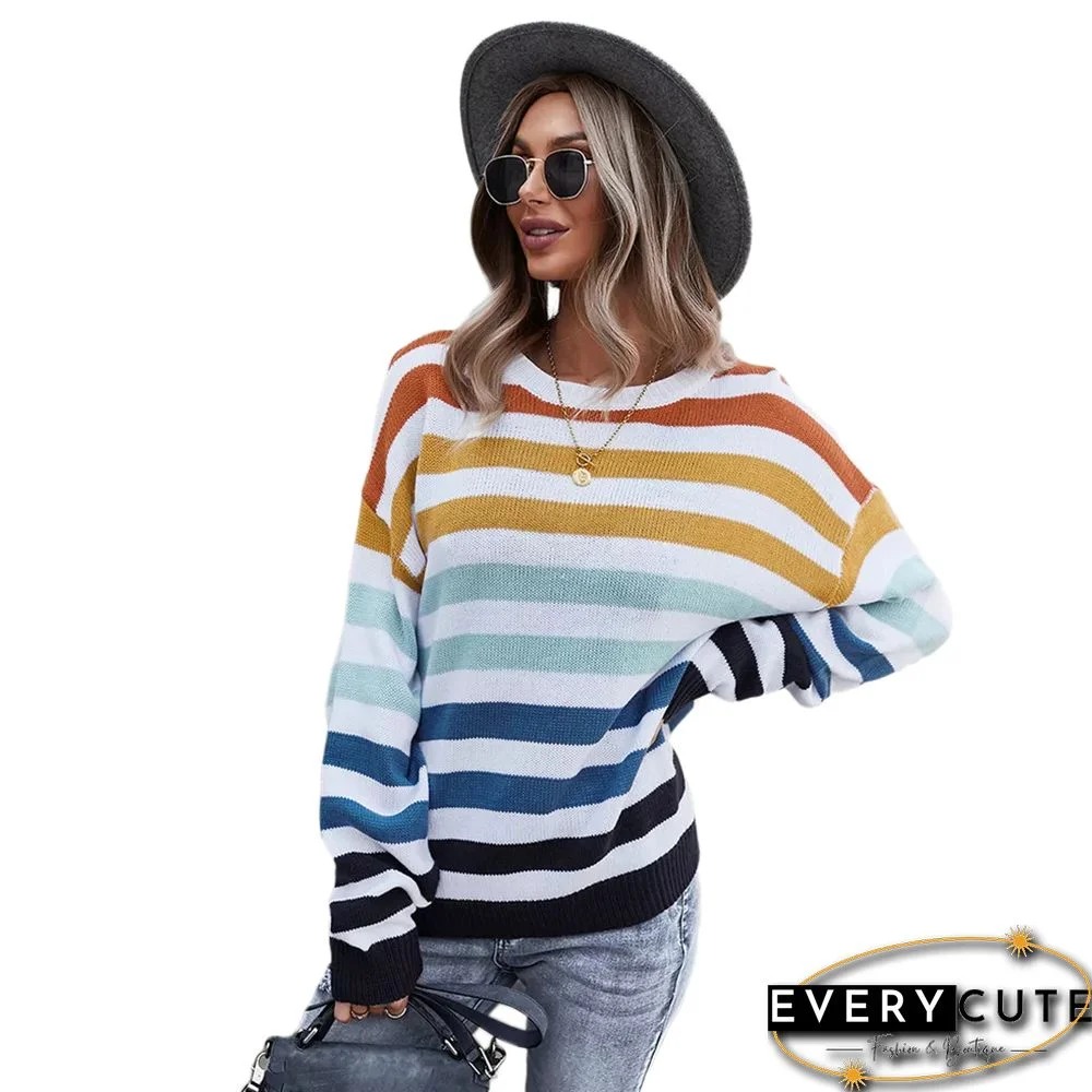 Orange Multicolor Stripes Loose Style Sweater
