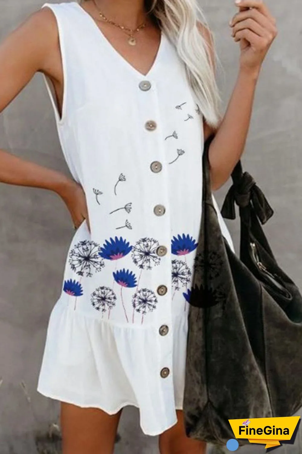 Dandelion Print V-Neck Sleeveless Dress