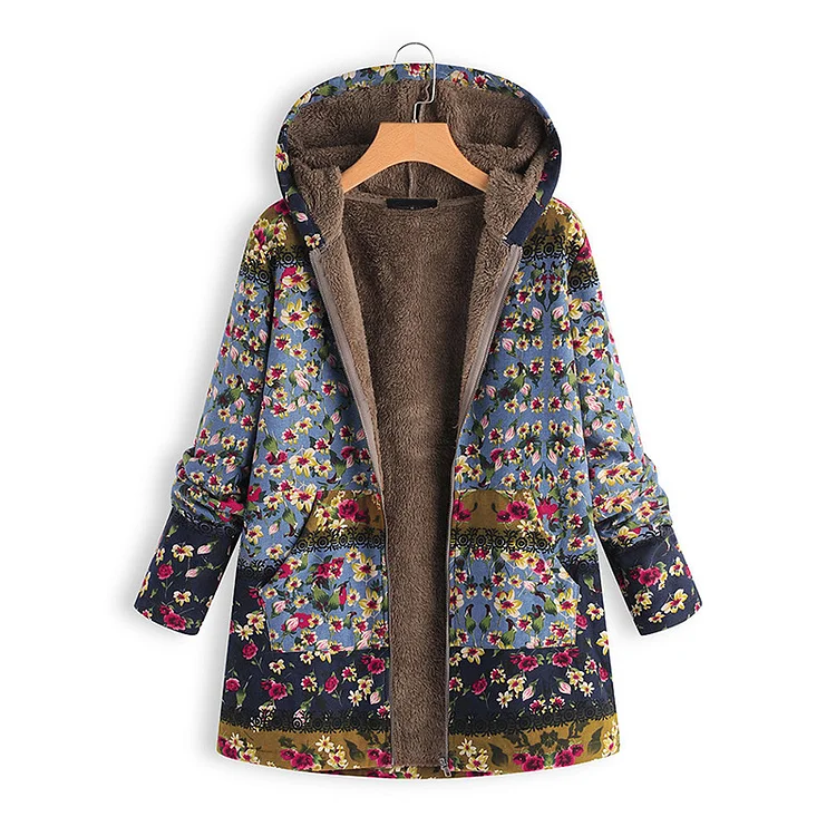 Womens Coat Vintage West Floral Print Hoodie Thick Fleece Jacket Cotton Linen Coat Outerwear