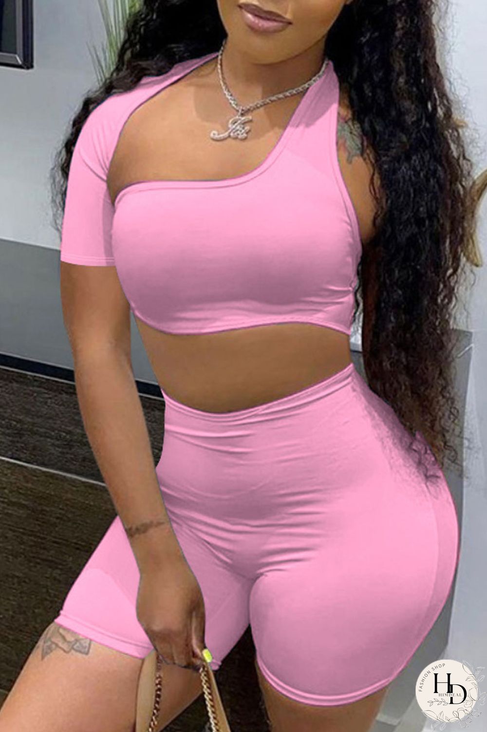 Blue Sexy Solid Hollowed Out Asymmetrical Collar Short Sleeve Two Pieces