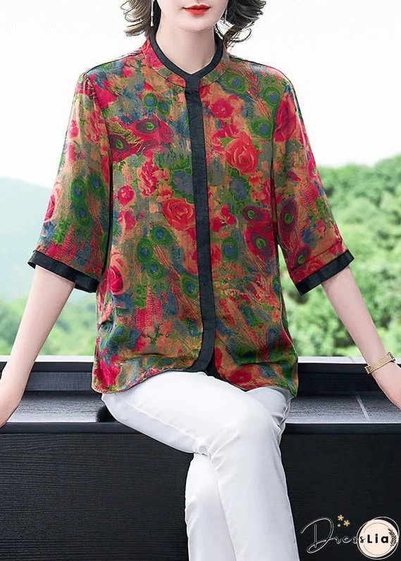 Style Red Stand Collar Patchwork Floral Print Silk Blouses Half Sleeve