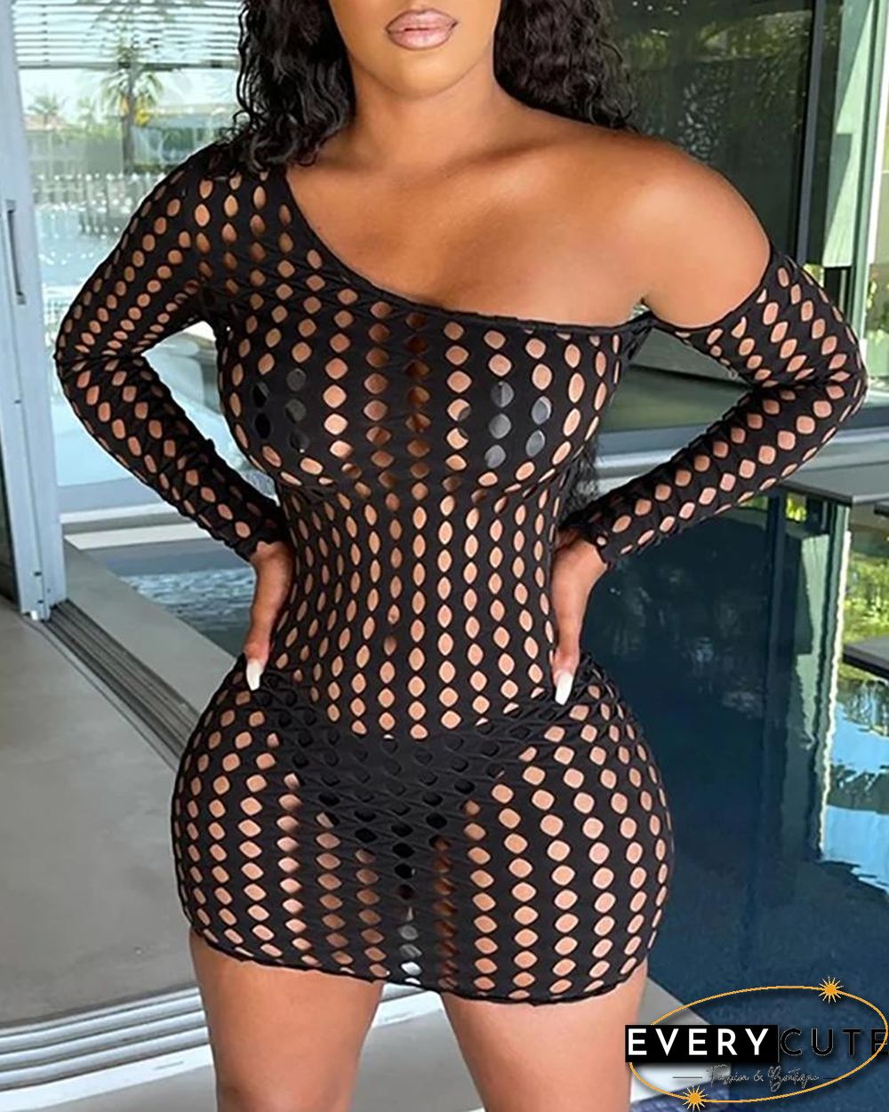 Cutout Long Sleeve One Shoulder Cover Up Dress