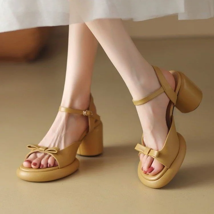Churchf Churchf Summer New Vintage Sandals One Line Buckle Beach Sandals Round Head Bow High Heel Sandals Women