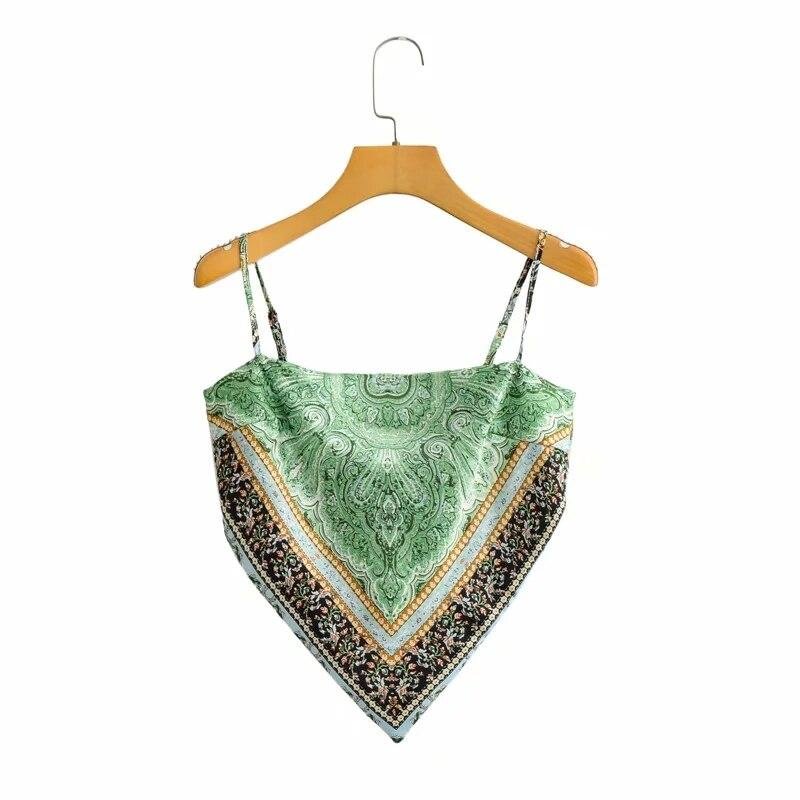 PUWD Casual Woman Green Slim Print Spaghetti Strap Cropped Top 2021 Summer Sexy Ladies Backless Beach Camisole Female Chic Tanks