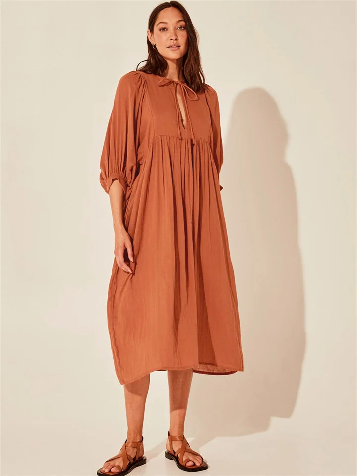 Spring and Summer Loose Casual Women's Lantern Sleeves Tied Rope Plus Size Dresses-Cosfine
